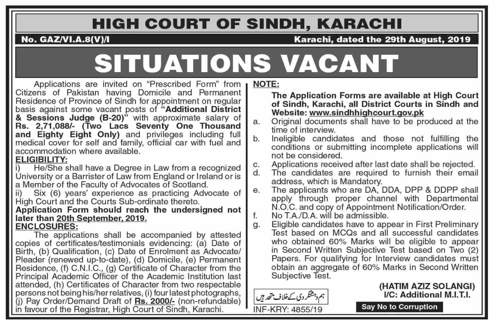 High Court of Sindh jobs 2019