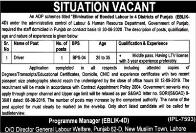 Labour and Human Resource Department Government of Pakistan jobs 2019