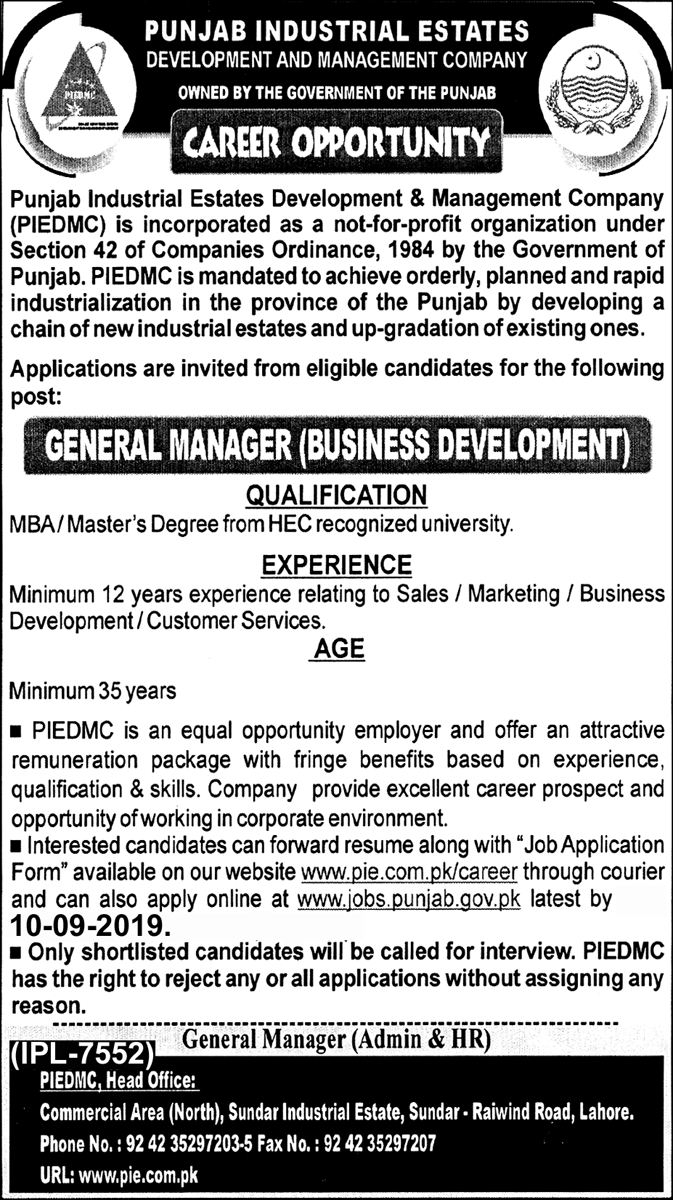 Punjab Industrial Estate Development and Management Company (PIE) jobs 2019