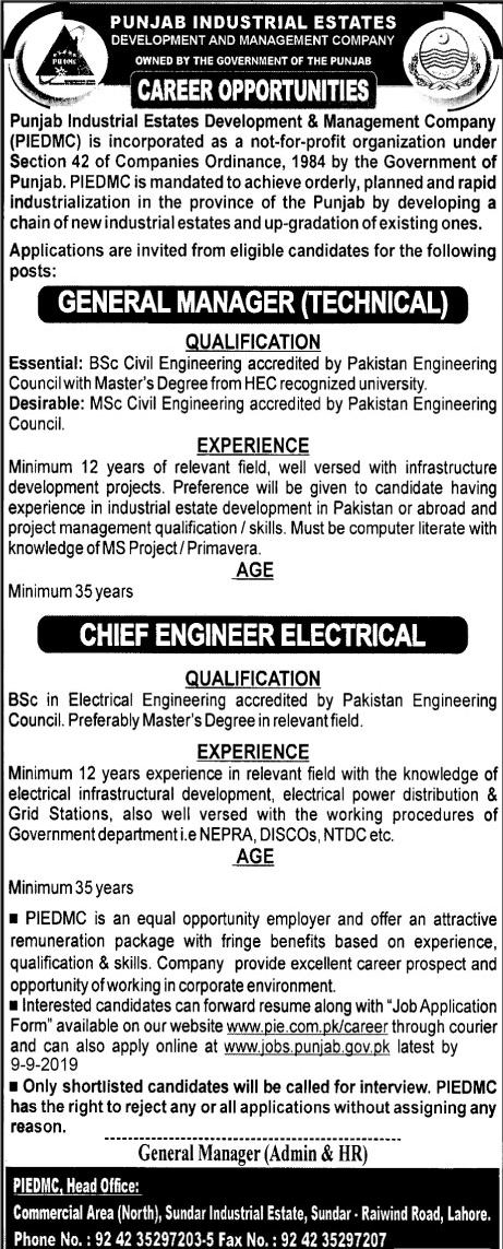 Punjab Industrial Estate Development and Management Company (PIE) jobs 2019