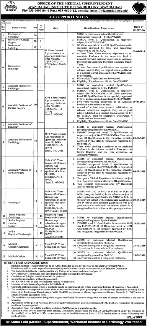 Wazirabad Institute of Cardiology (WIC) jobs 2019