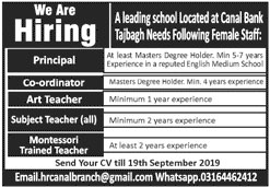 Jobs In A Leading School At Canal Bank Tajbagh 15 September 2019