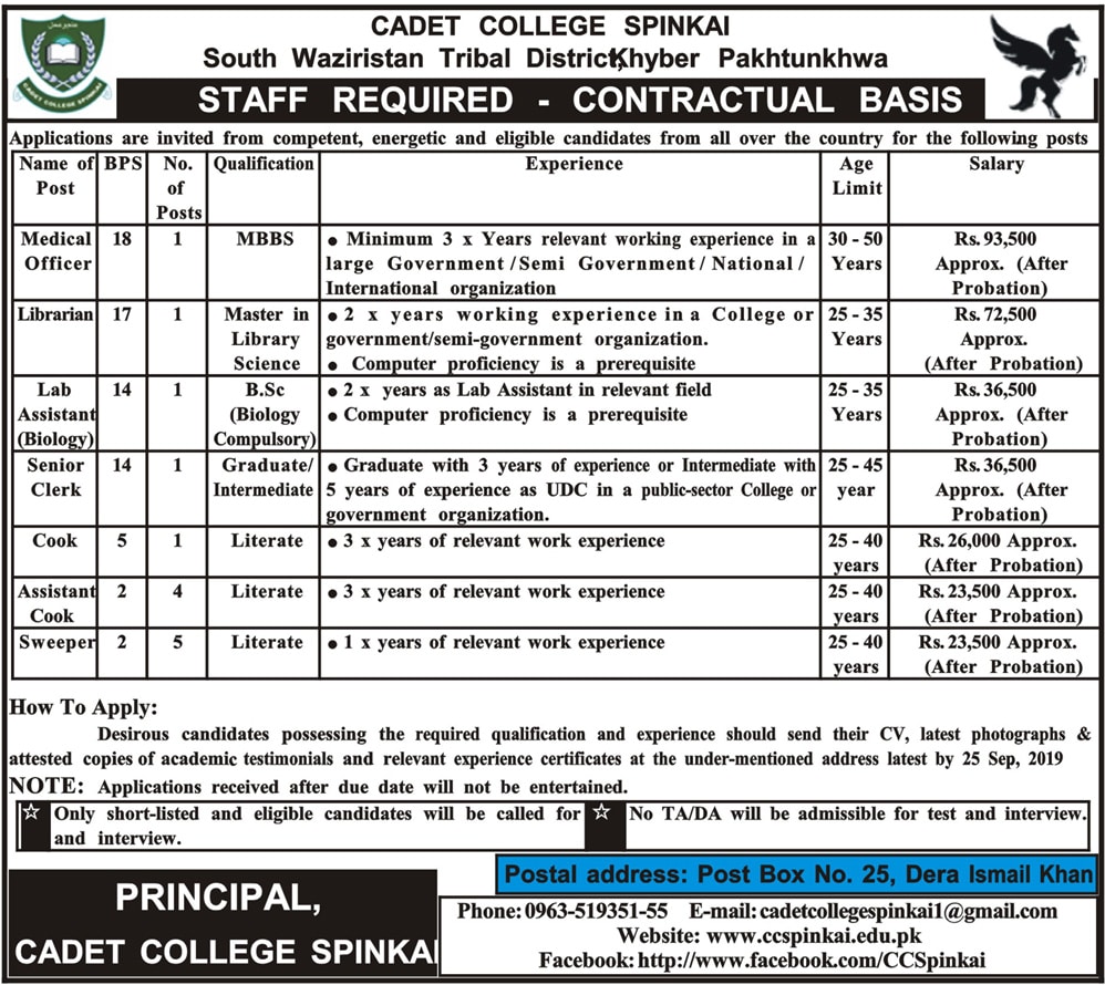 Cadet College jobs 2019