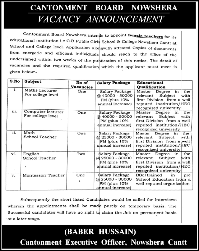 Jobs In Cantonment Board Nowshera 17 September 2019