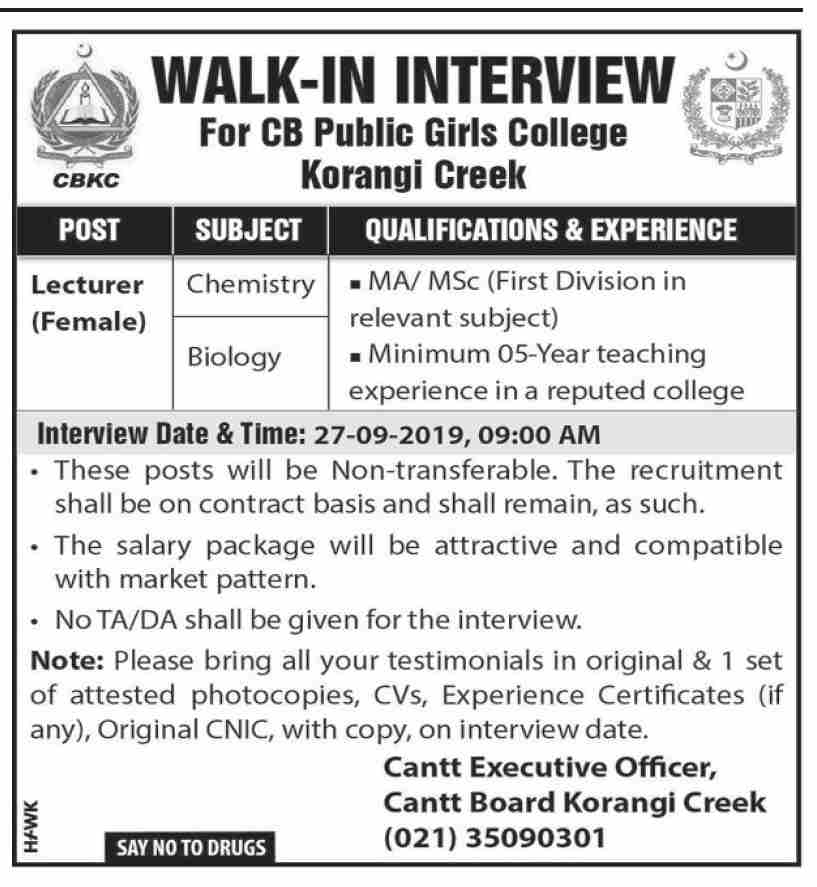 Jobs In Cantonment Board Public Girls College 20 September 2019