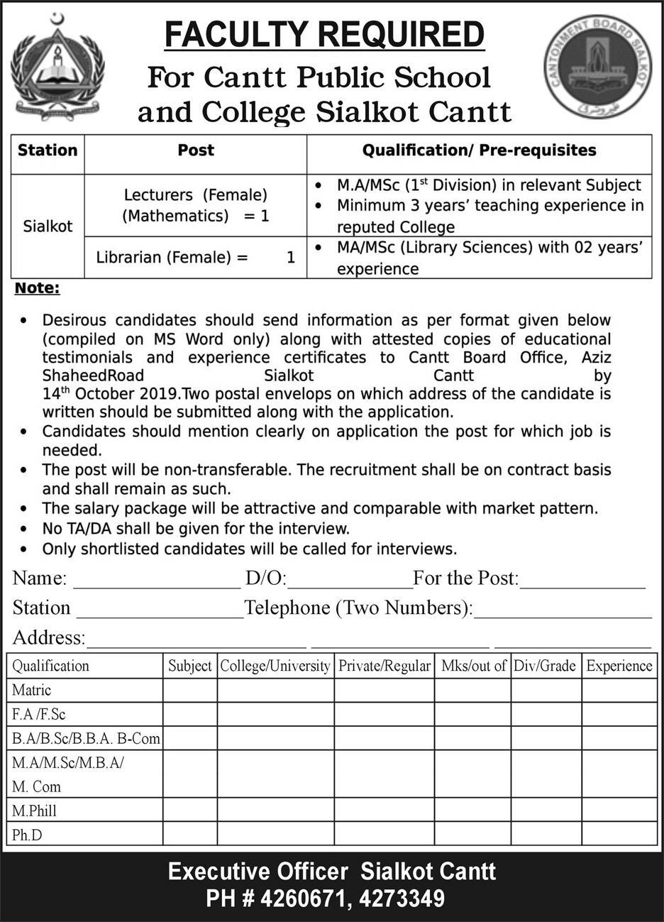 Jobs In Cantt Public High School And College Sialkot 28 September 2019