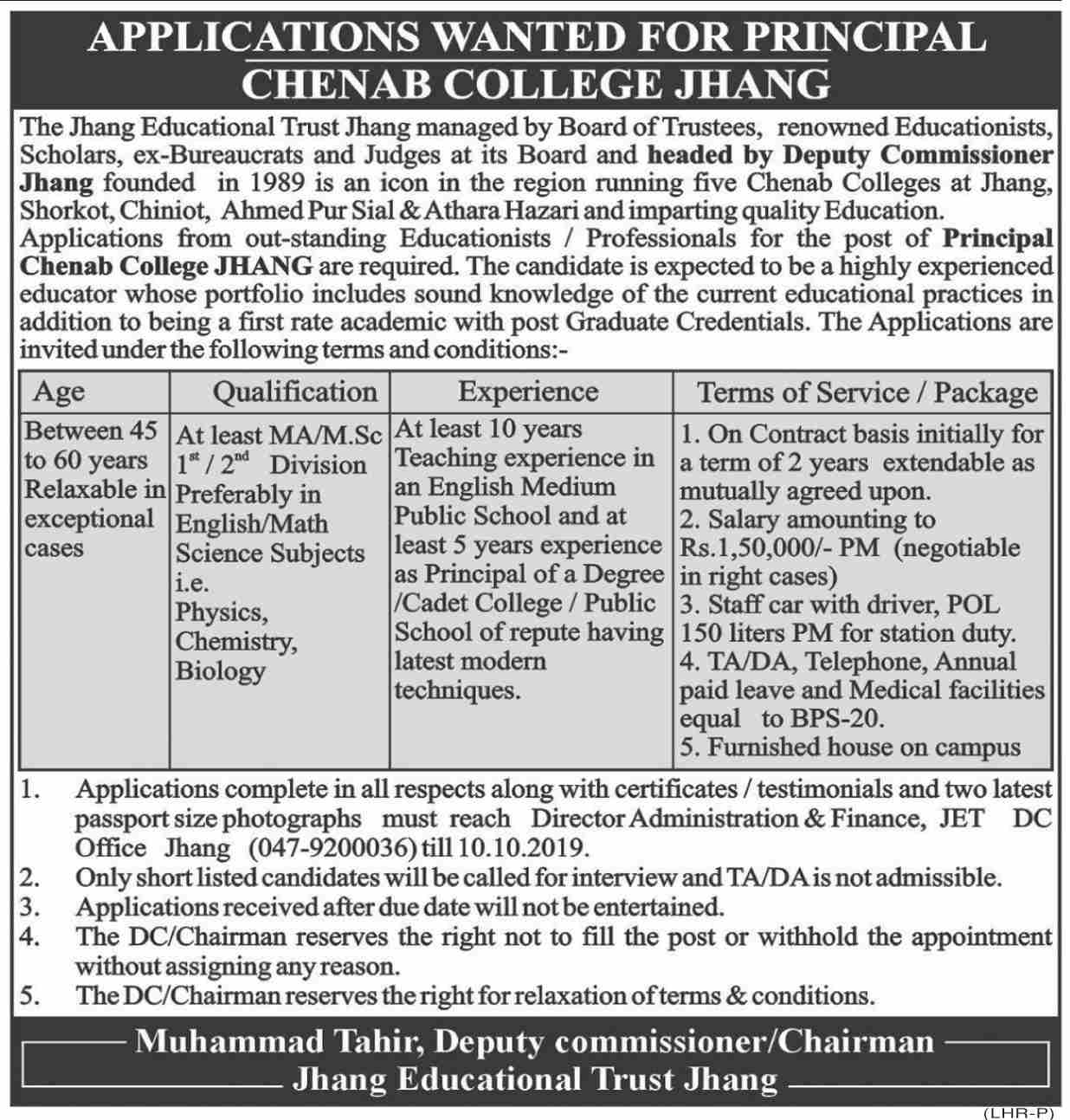 Jobs In Chenab College Jhang 20 September 2019