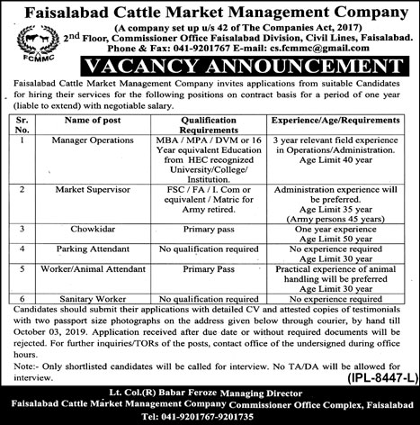 Jobs In Faisalabad Cattle Market Management Company 17 September 2019