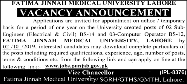 Jobs In Fatima Jinnah Medical University 16 September 2019
