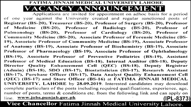 Jobs In Fatima Jinnah Medical University Lahore 16 September 2019