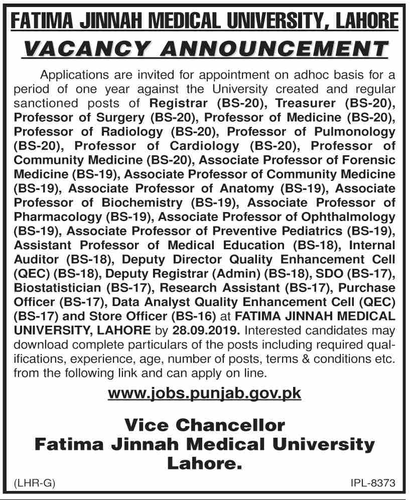 Jobs In Fatima Jinnah Medical University Lahore 17 September 2019