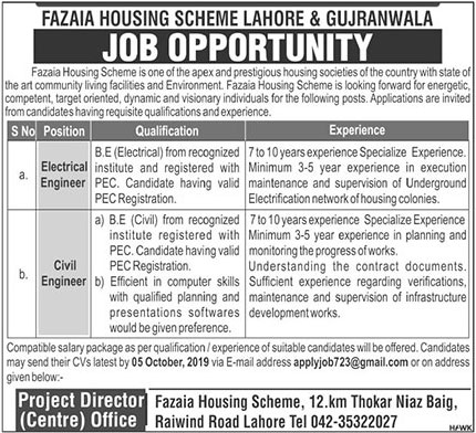 Jobs In Fazaia Housing Scheme Lahore 19 September 2019