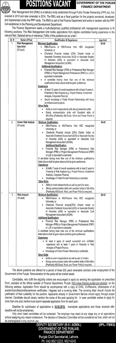 Finance Department Govt of Punjab jobs 2019