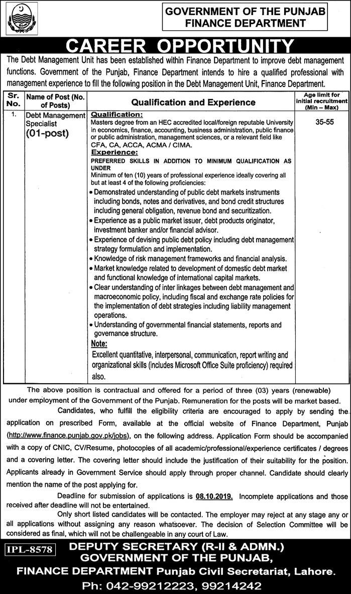 Jobs In Finance Department Govt Of Punjab 20 September 2019