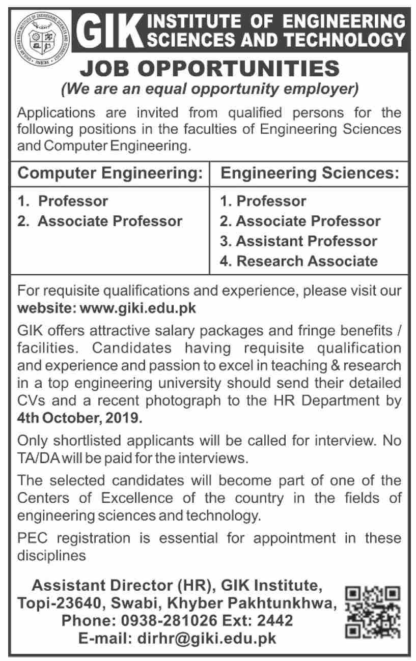 Jobs In Ghulam Ishaq Khan Institute of Engineering Sciences and Technology 21 September 2019