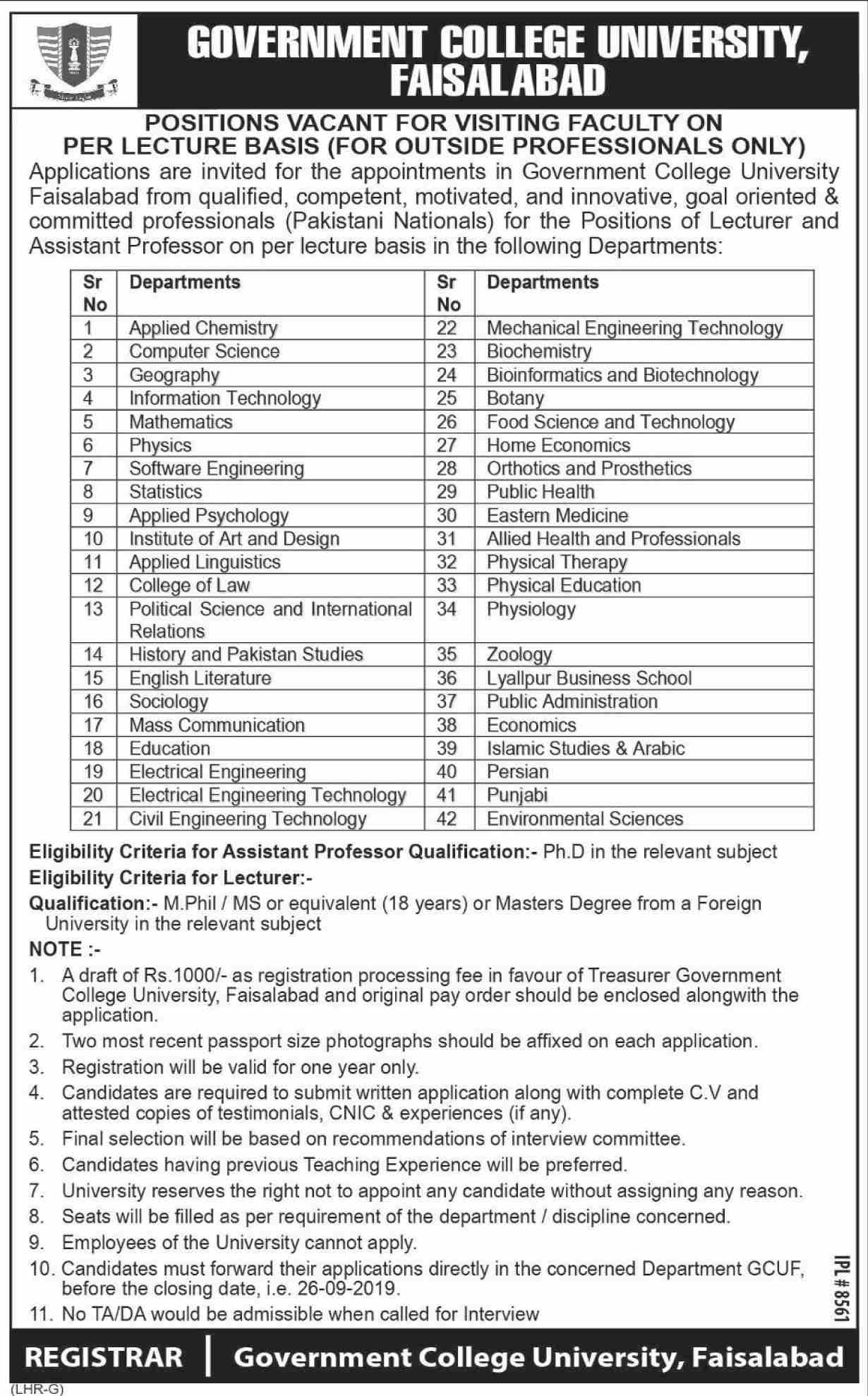 Jobs In Govt College GC University Faisalabad 20 September 2019