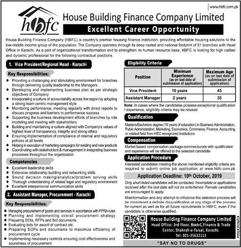 Jobs In House Building Finance Company Limited (HBFC) 22 September 2019