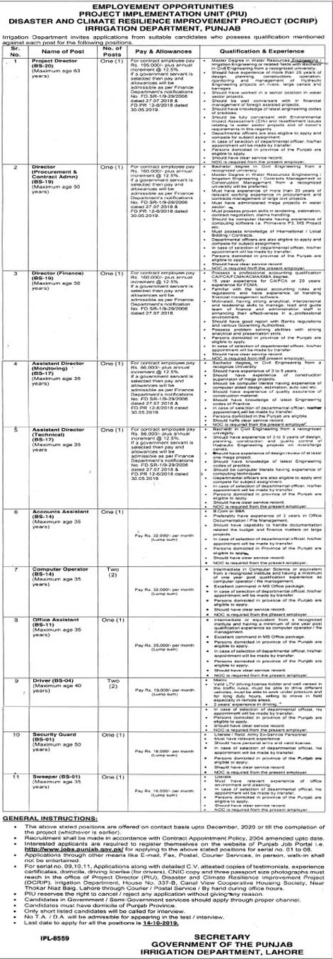 Jobs In Irrigation Department Govt Of Punjab 20 September 2019