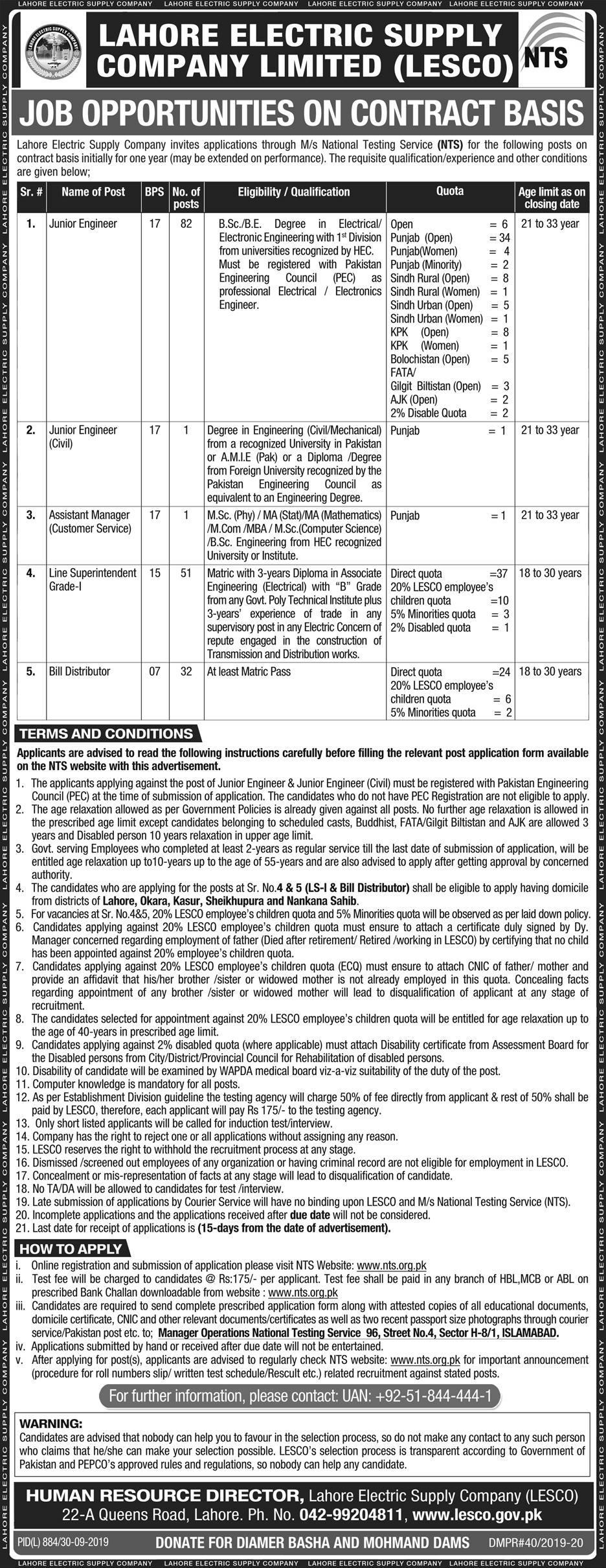 Jobs In Lahore Electric Supply Company Limited LESCO 30 September 2019