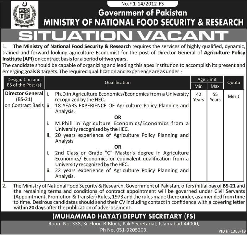 Jobs In Ministry of National Food and Security Research 15 September 2019