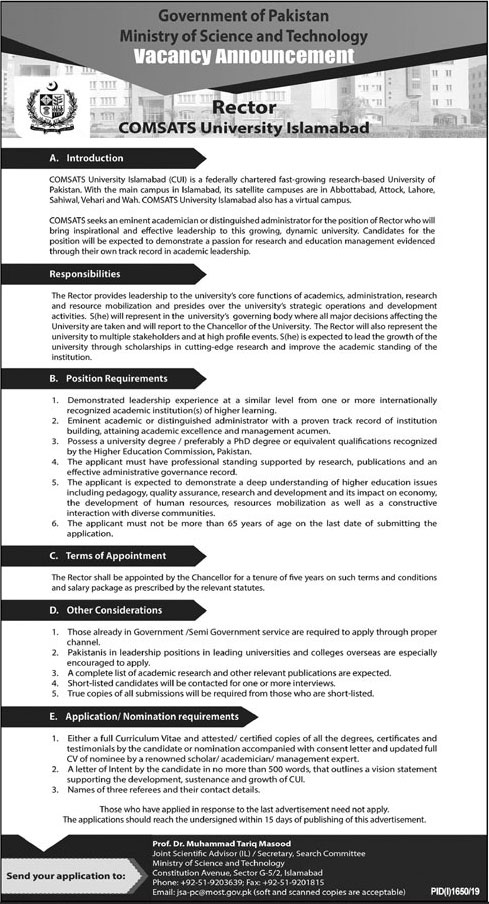 Jobs In Ministry Of Science And Technology Govt of Pakistan 30 September 2019