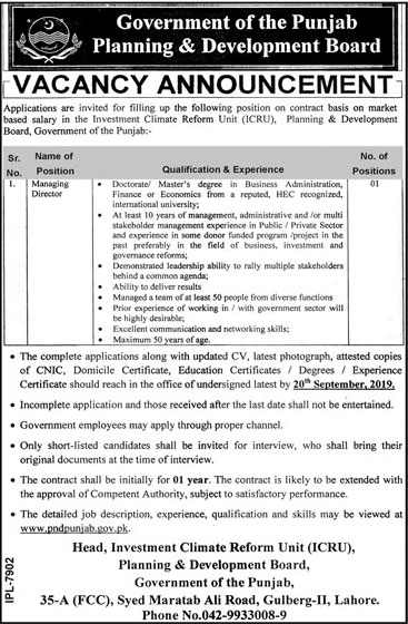 Planning and Development Department Govt of the Punjab jobs 2019
