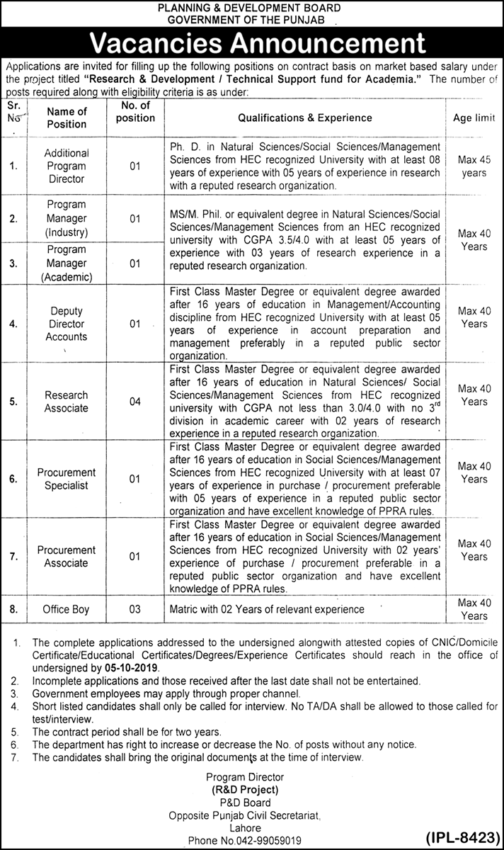Jobs In Planning and Development Board Govt of the Punjab 17 September 2019