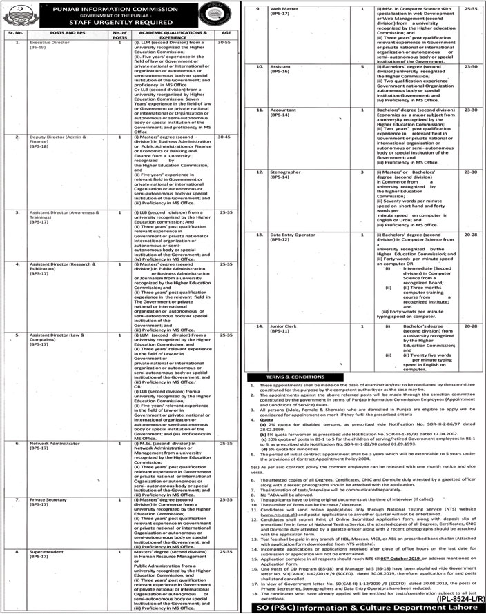 Jobs In Punjab Information Commission PIC 19 September 2019