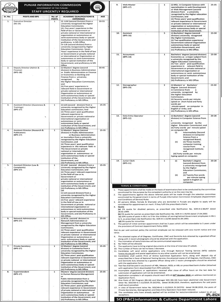 Jobs In Punjab Information Commission PIC 21 September 2019