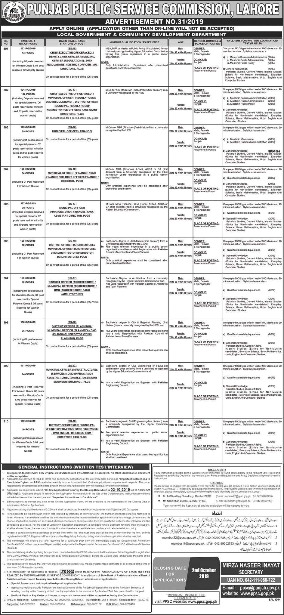Jobs In Punjab Public Service Commission (PPSC) 17 September 2019