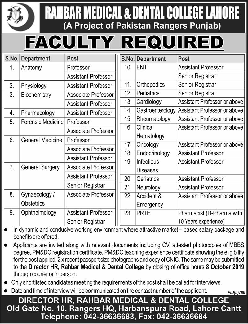 Jobs In Rahbar Medical And Dental College Lahore 22 September 2019