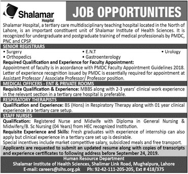 Jobs In Shalamar Hospital 15 September 2019