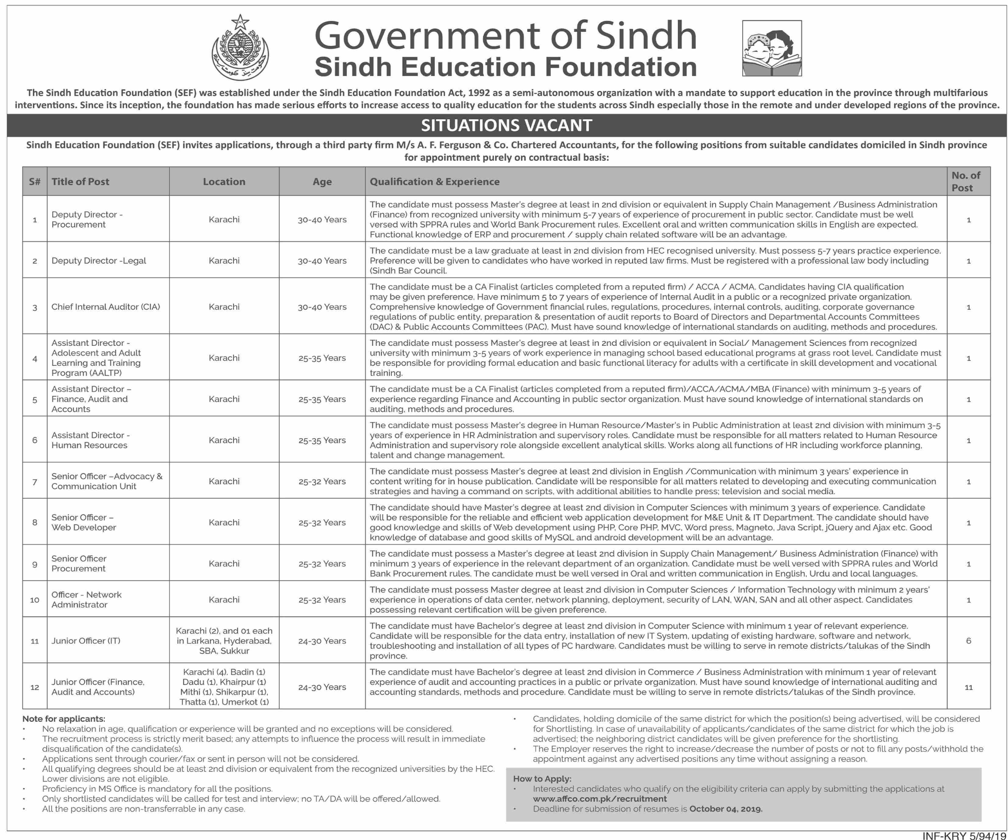 Jobs In Sindh Education Foundation Govt of Sindh 18 September 2019