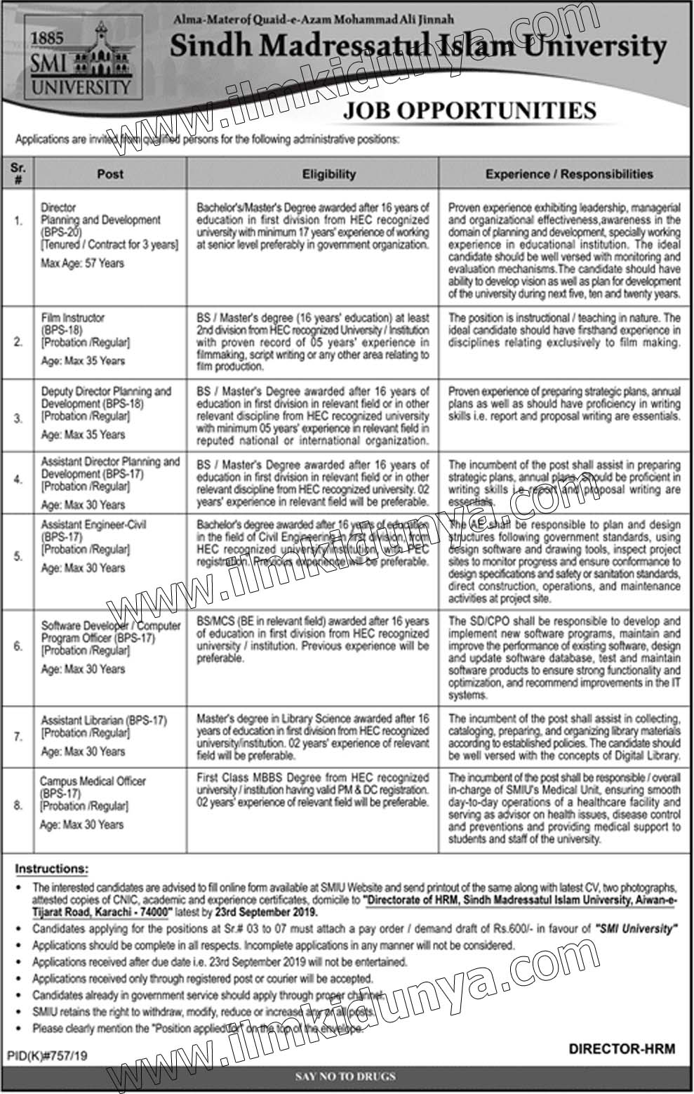 Sindh Madressatul Islam University jobs 2019