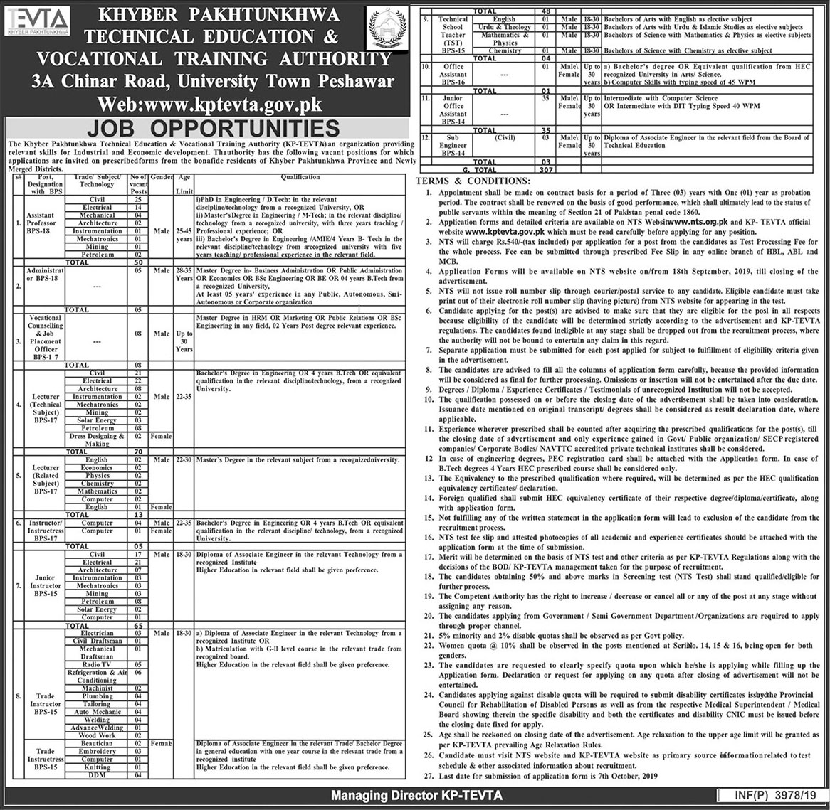 Jobs In Technical Education And Vocational Training Authority TEVTA 17 September 2019