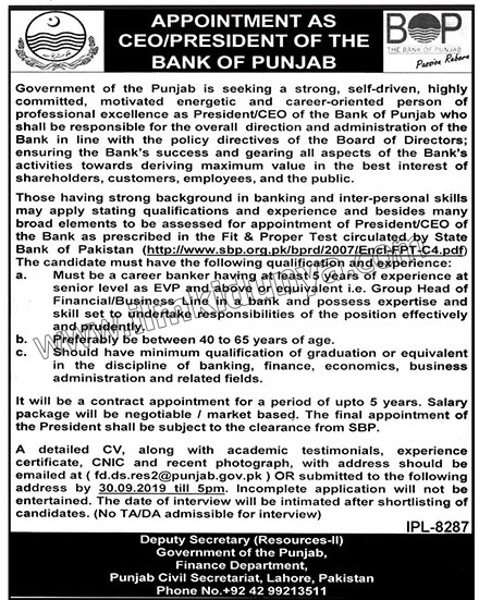 Bank of Punjab jobs 2019