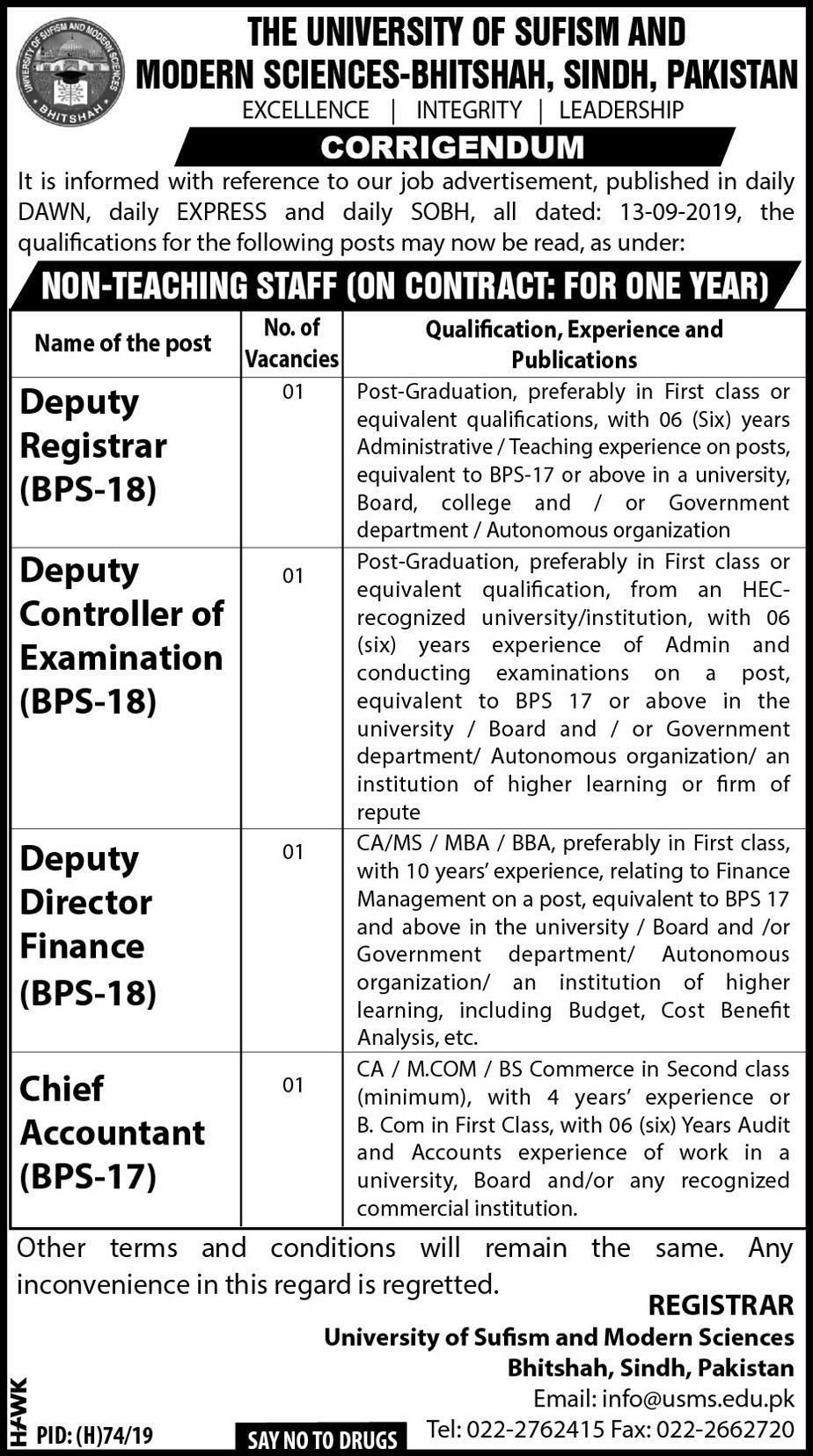 Jobs In The University of Sufism and Modern Sciences Bhit Shah 17 September 2019