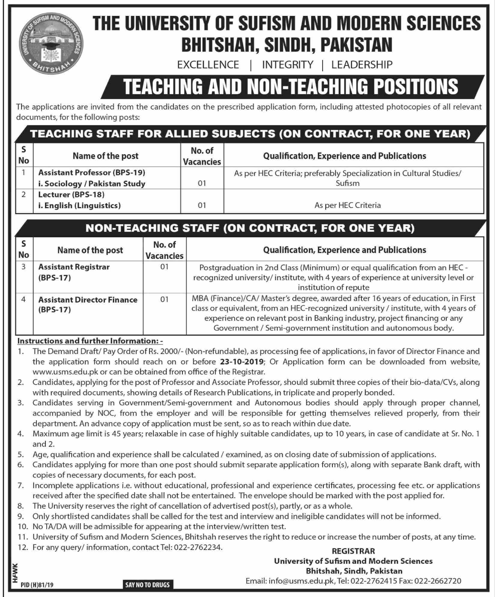 Jobs In The University of Sufism and Modern Sciences Bhit Shah 25 September 2019