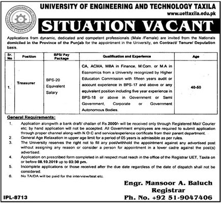 Jobs In University of Engineering and Technology Taxila 24 September 2019