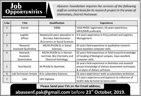 Jobs In Abaseen Foundation Peshawar 17 October 2019