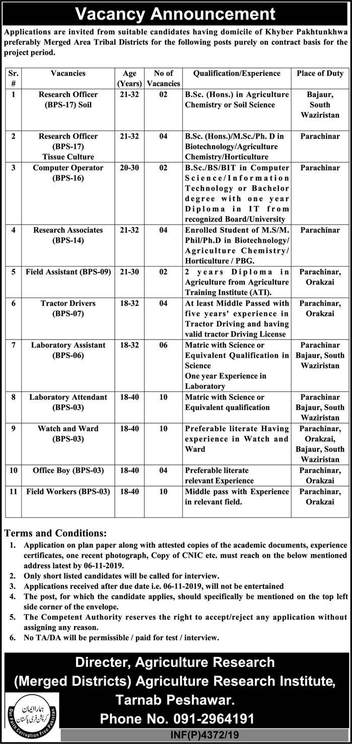 Jobs In Agriculture Research Institute Tarnab Peshawar 21 October 2019