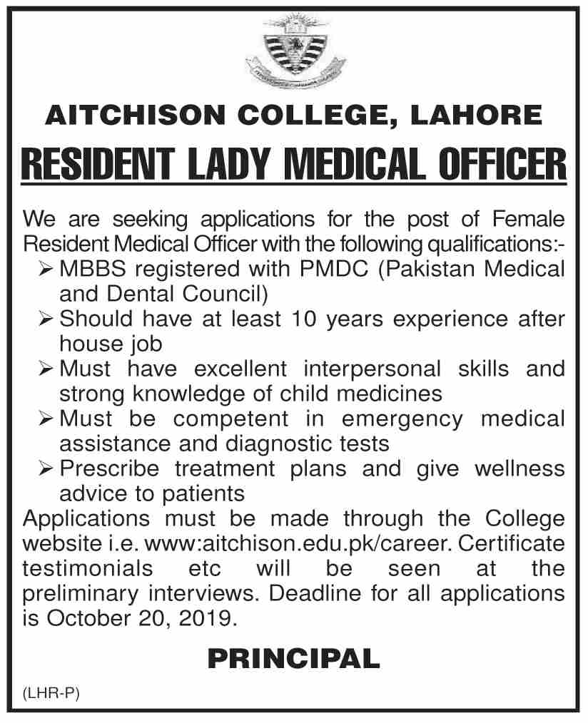 Jobs In Aitchison College Lahore 09 October 2019