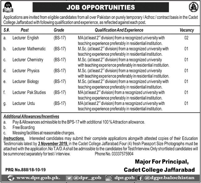 Jobs In Cadet College Jaffarabad 19 October 2019