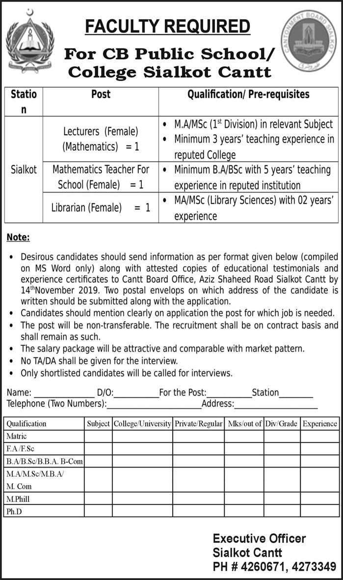 Jobs In Cantt Public High School And College Sialkot Cantt 29 October 2019