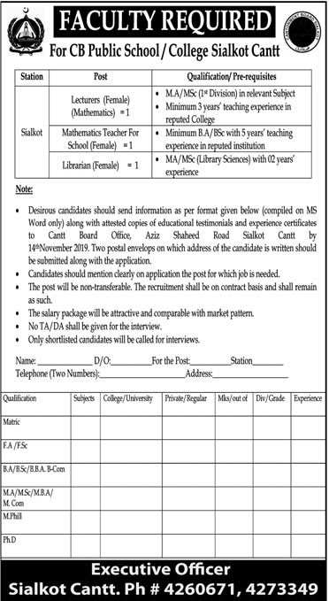 Jobs In CB Public School And College Sialkot Cantt 30 October 2019