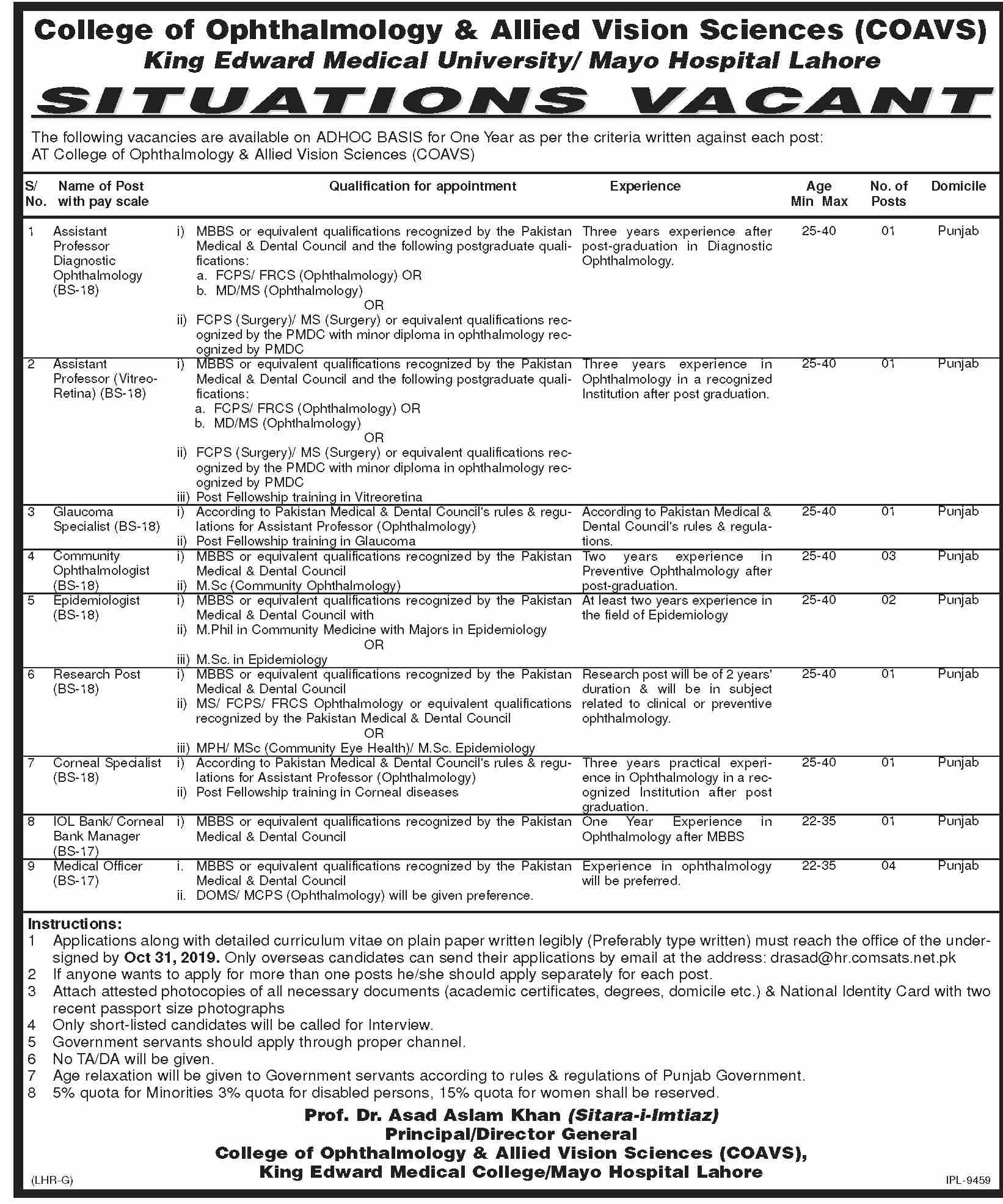 Jobs In College of Ophthalmology and Allied Vision Sciences COAVS 17 October 2019