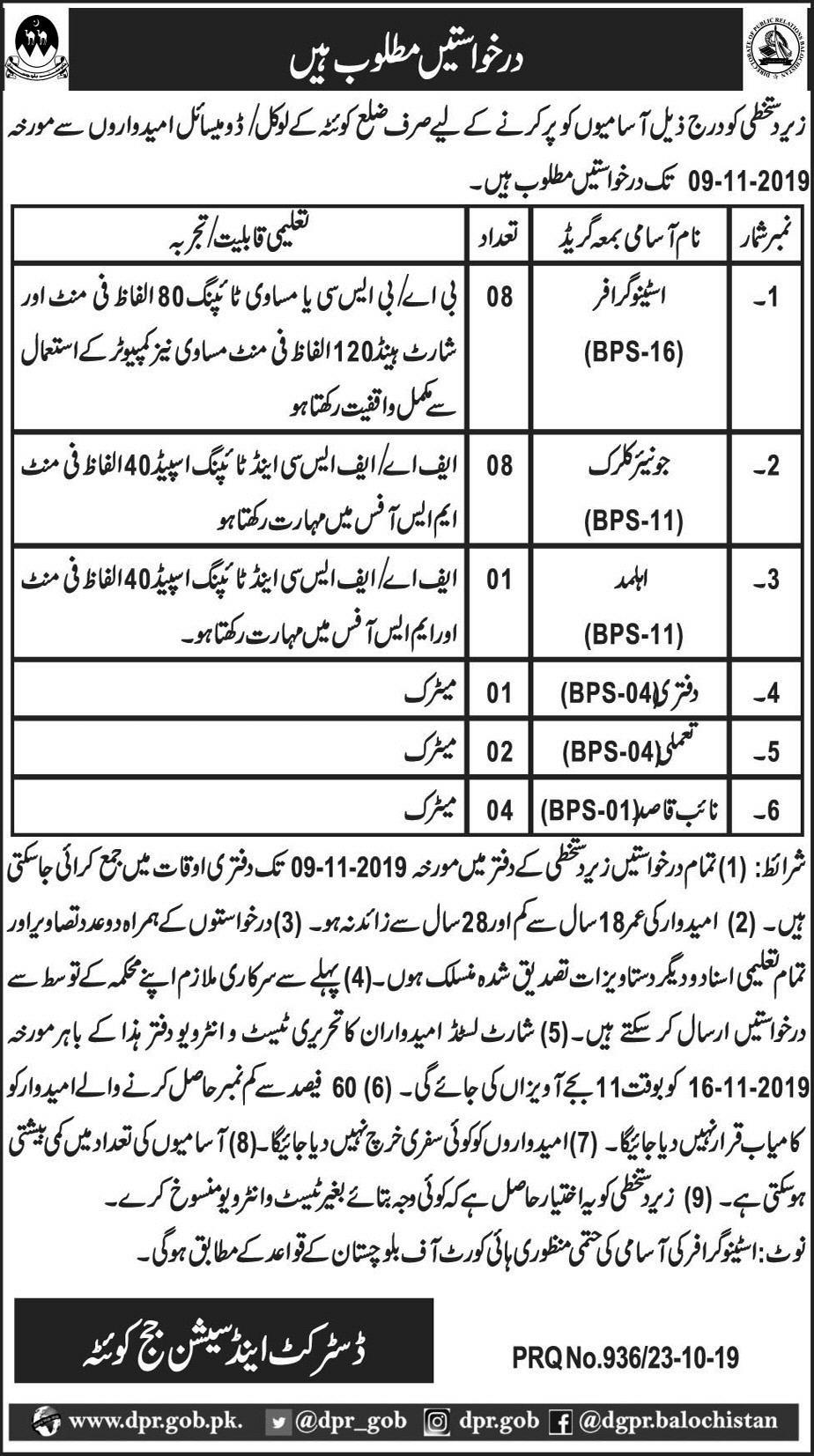 Jobs In District and Session Court Quetta 24 October 2019