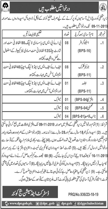 Jobs In District and Session Court Quetta 25 October 2019