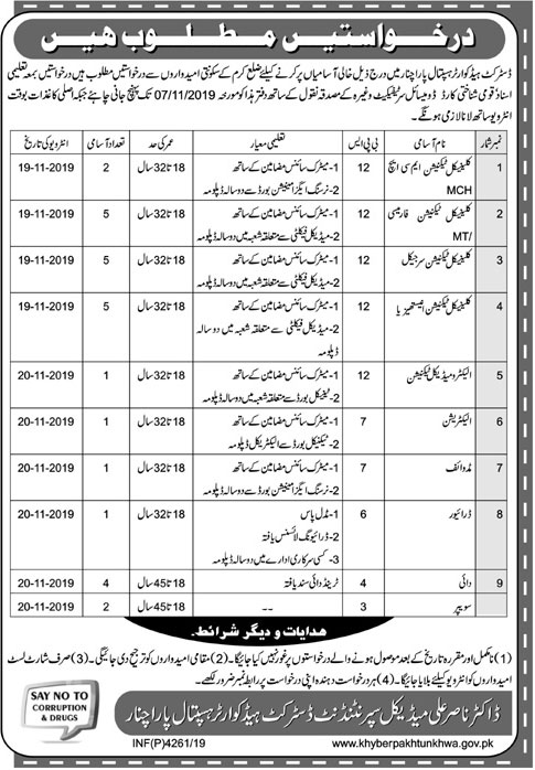 Jobs In District Headquarters Hospital Parachinar 11 October 2019