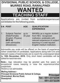 Jobs In Divisional Public School And College Rawalpindi 25 October 2019